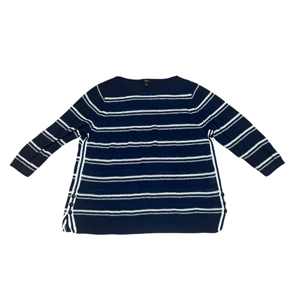 Talbots Petites XL Navy White Striped 100% Linen Boat Neck Nautical Sweater